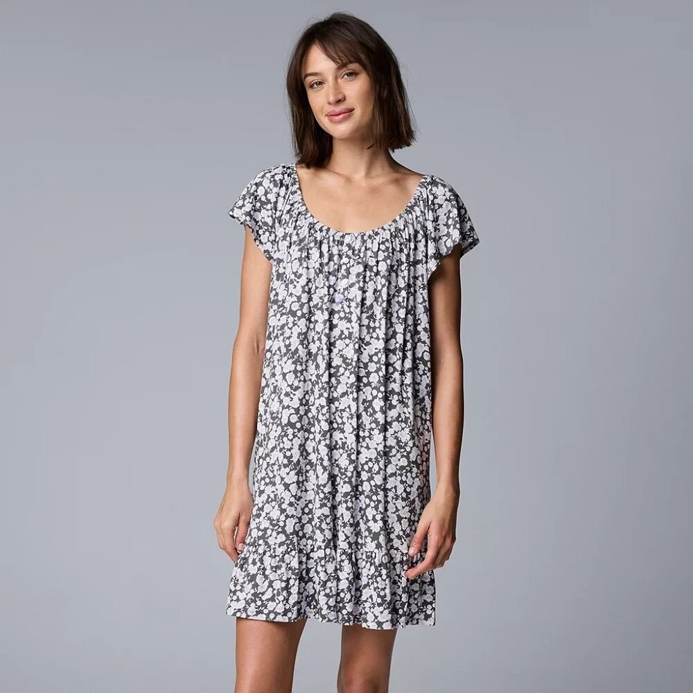 Simply Vera Vera Wang Blue Floral Babydoll Hem Pockets Sleepshirt SIze M - Picture 1 of 3